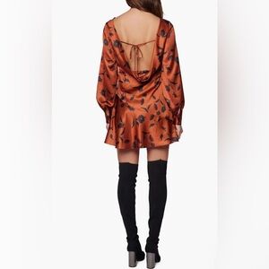 Lost + Wander Satin Sepia Dahlia Mini Floral Dress Long Sleeves Open Back Medium